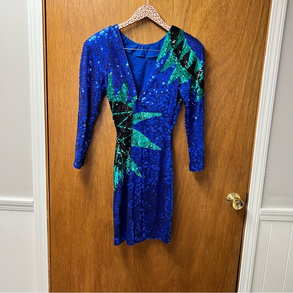 Vintage Long Sleeve Sequin Sunburst Mini Dress P Bodycon Blue Green - Picture 12 of 15